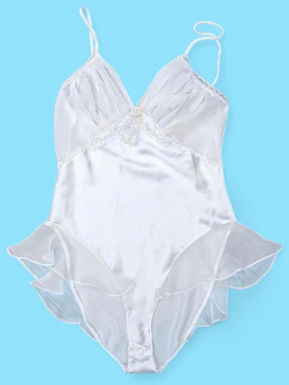 delicates White Satin Lace-Trim Bodysuit Chemise